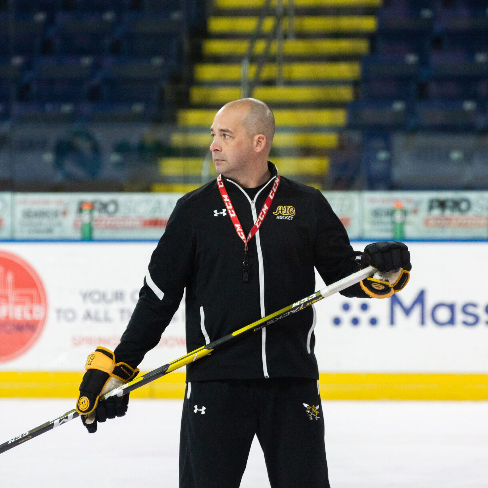 3/8/2019 - Springfield - American International College's ice hockey team practices at the MassMutual Center on Friday. This is head coach Eric Lang. (Hoang 'Leon' Nguyen / The Republican)